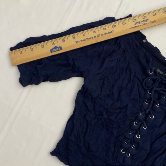 Lace Up Front Ruffled Cropped M Long Sleeve Blouse Top Navy Blue Pirate Medieval - Picture 6 of 8